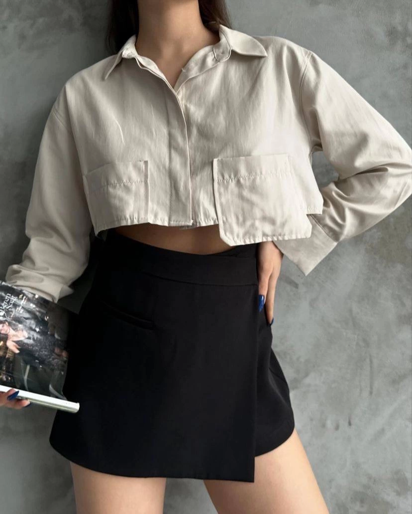 Poplin Crop Gömlek Bej