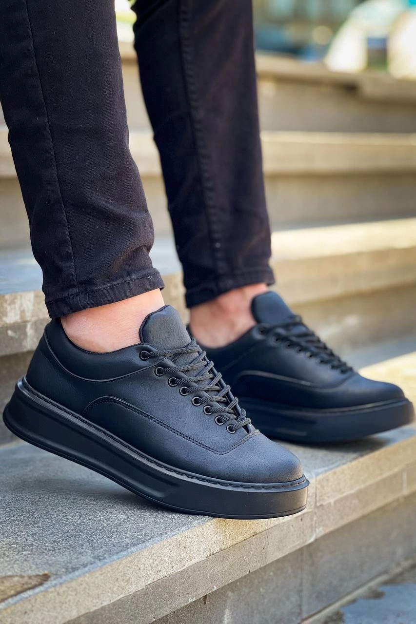 Premium Siyah Cilt Siyah Taban  Bağcıklı  Günlük Erkek  Ayakkabı