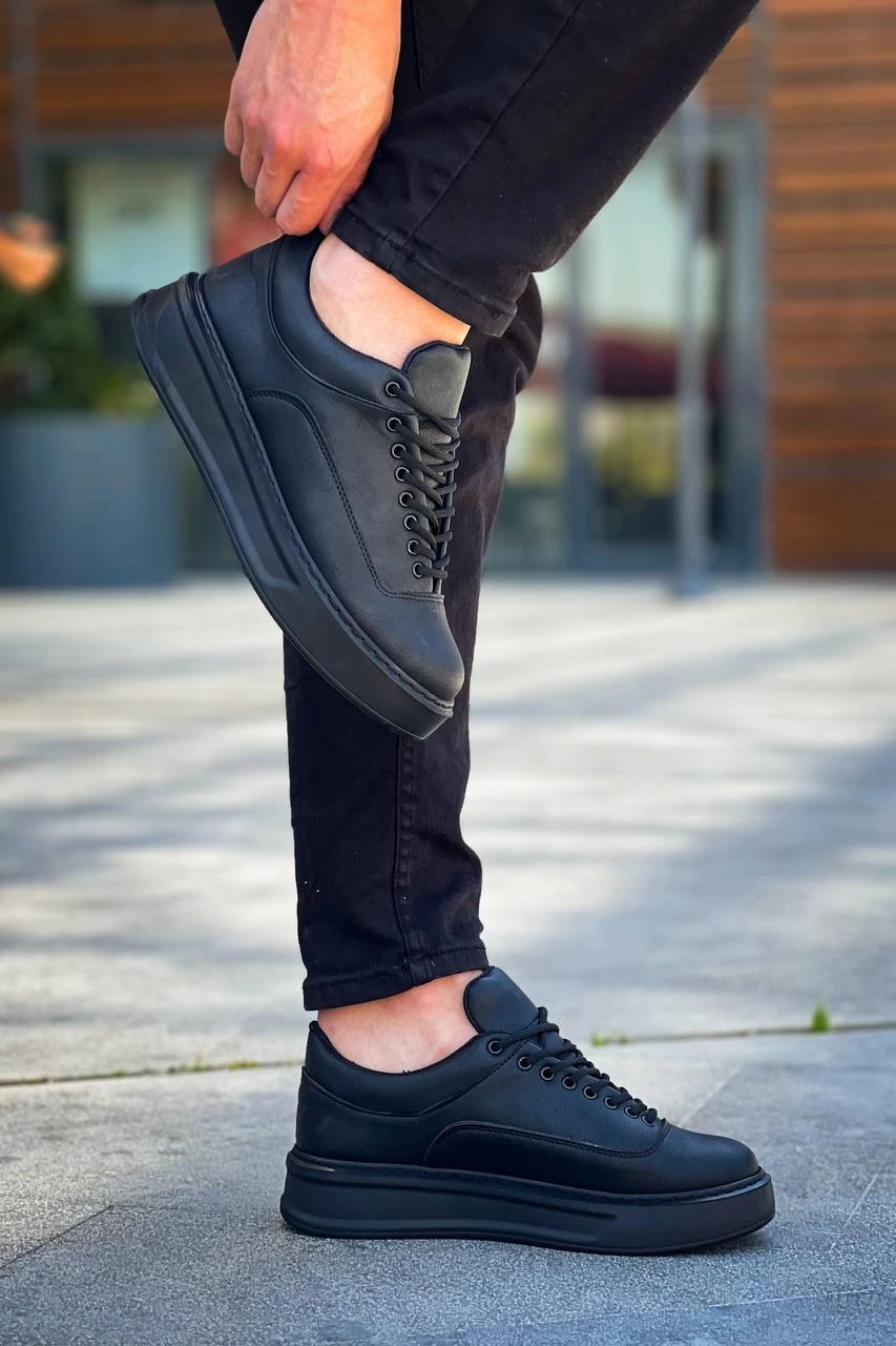 Premium Siyah Cilt Siyah Taban  Bağcıklı  Günlük Erkek  Ayakkabı