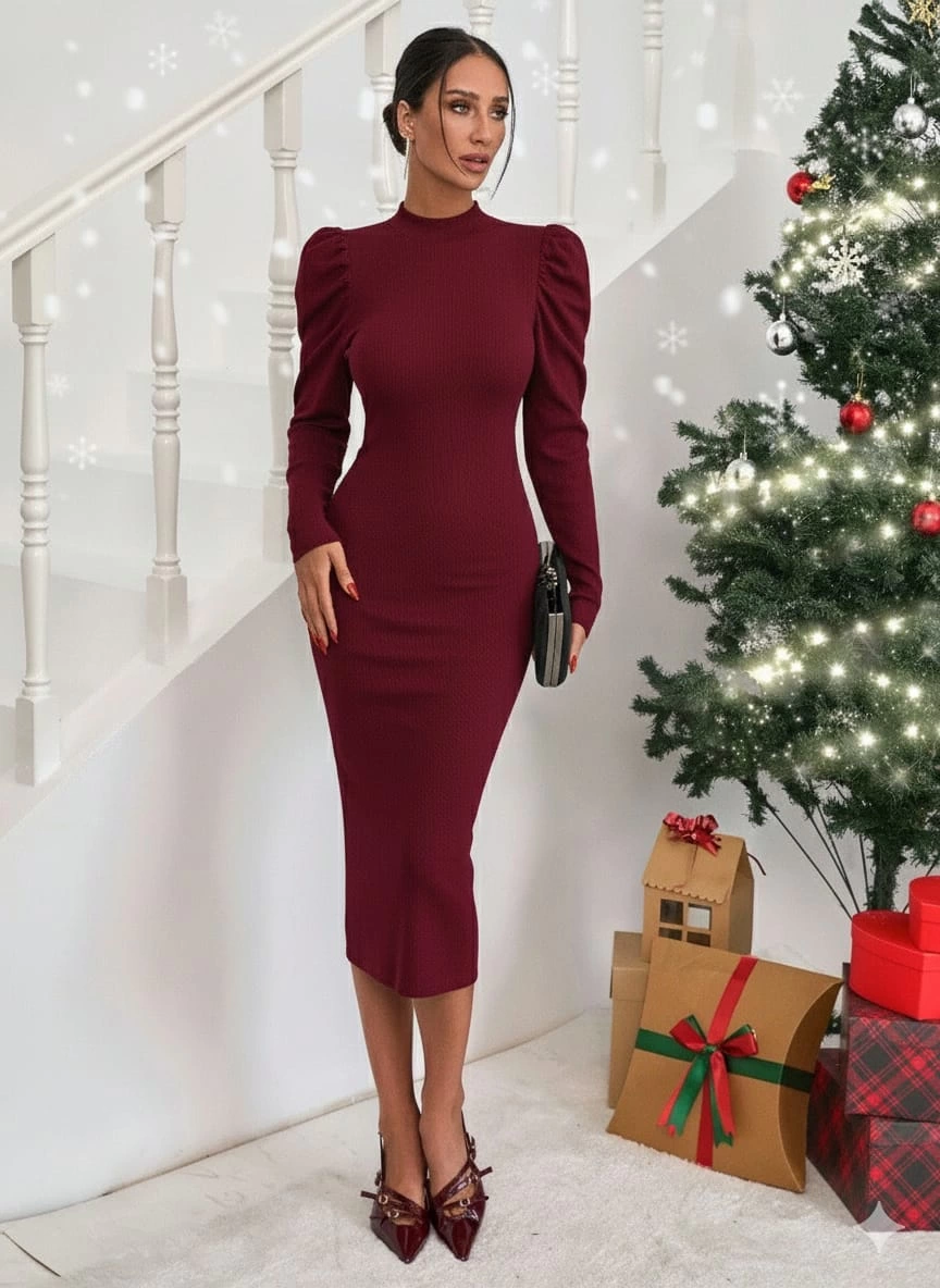 Prenses kol kaşkorse elbise bordo