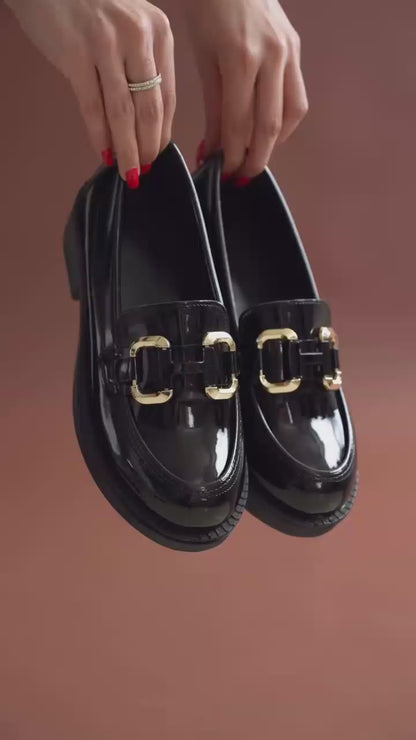 Caro Premium Women's Patent Leather Black Silver Buckle Loafer