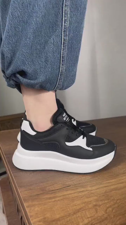 NZS Premium Knit Detailed Lace-Up Women's Black and White Sneakers