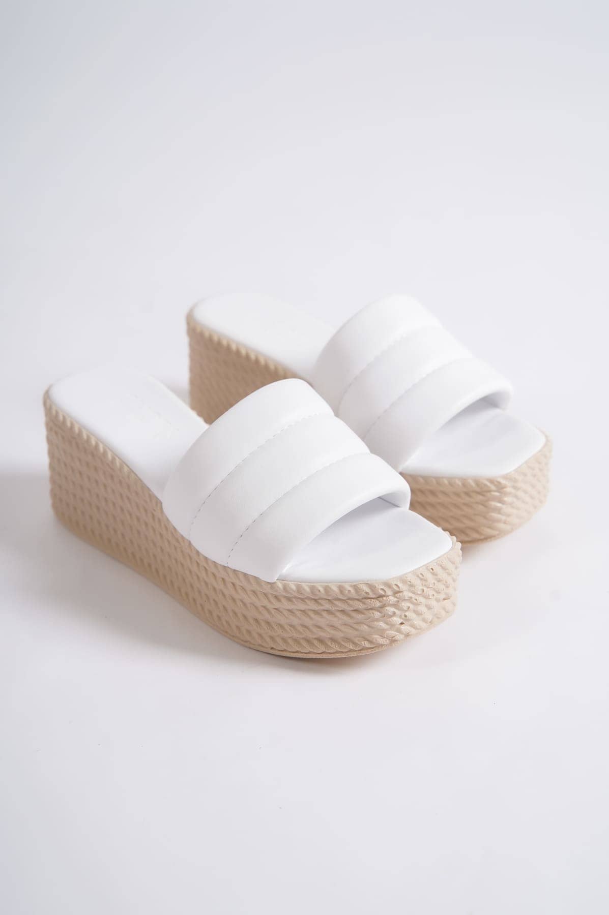 REINA Wedge Heel Orthopedic Sole Wicker Look Women's Slippers - White