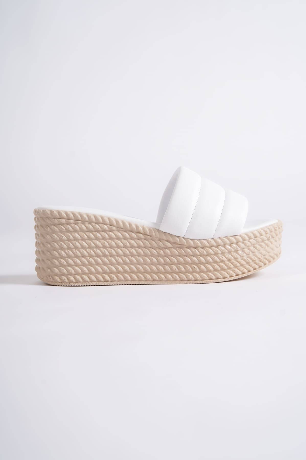 REINA Wedge Heel Orthopedic Sole Wicker Look Women's Slippers - White