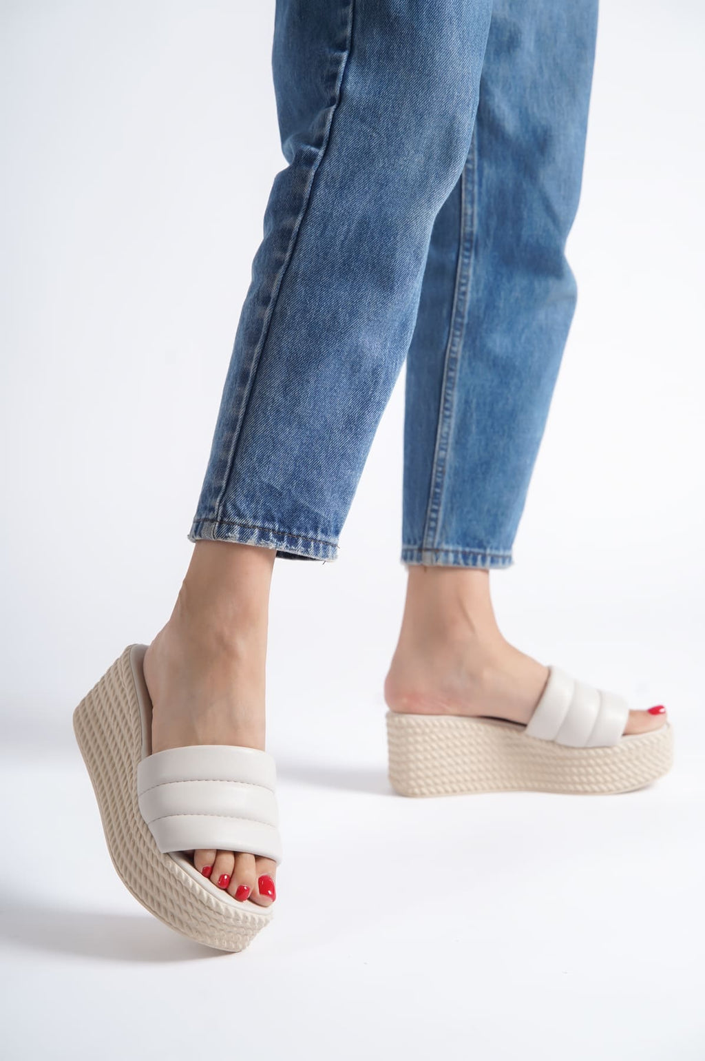 REINA Wedge Heeled Orthopedic Sole Wicker Look Women's Slippers - Cream
