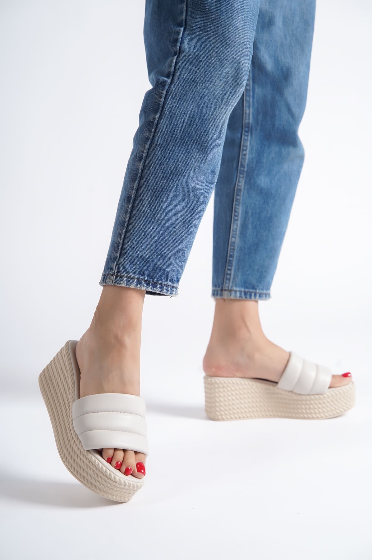 REINA Wedge Heeled Orthopedic Sole Wicker Look Women's Slippers - Cream