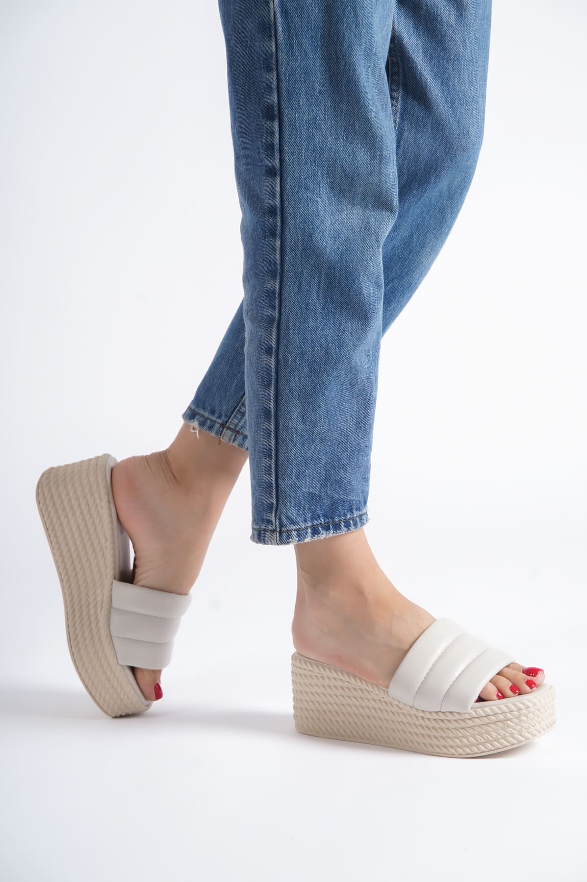 REINA Wedge Heeled Orthopedic Sole Wicker Look Women's Slippers - Cream