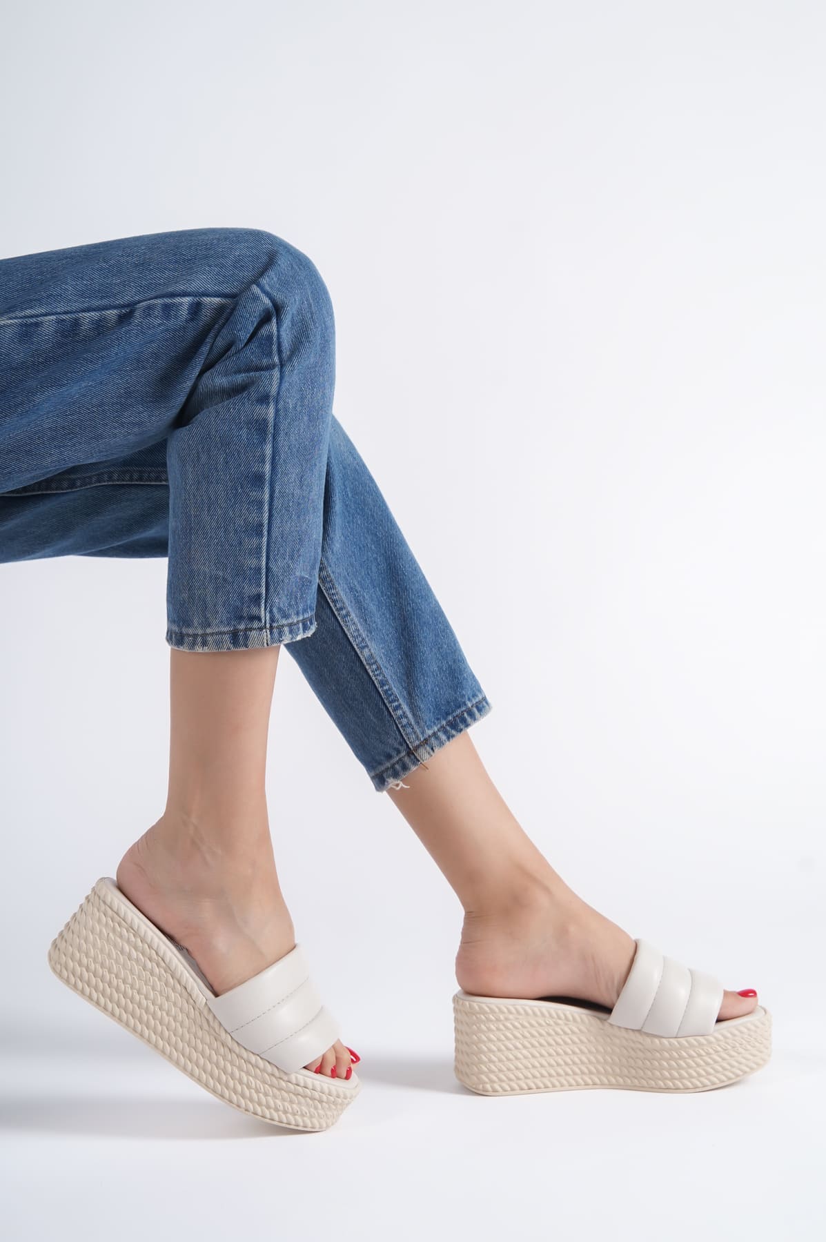 REINA Wedge Heeled Orthopedic Sole Wicker Look Women's Slippers - Cream