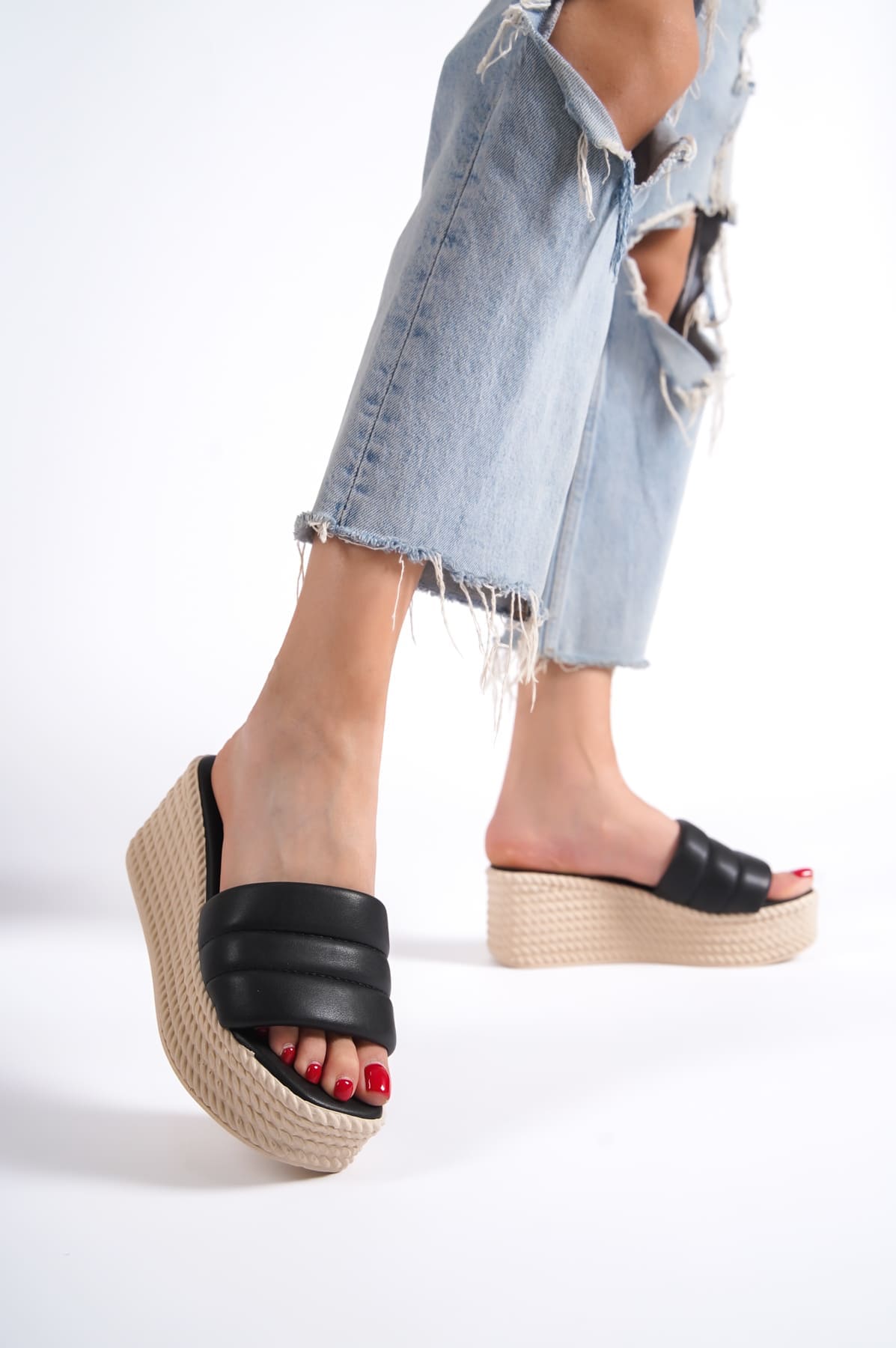 REINA Wedge Heeled Orthopedic Sole Wicker Look Women's Slippers - Black