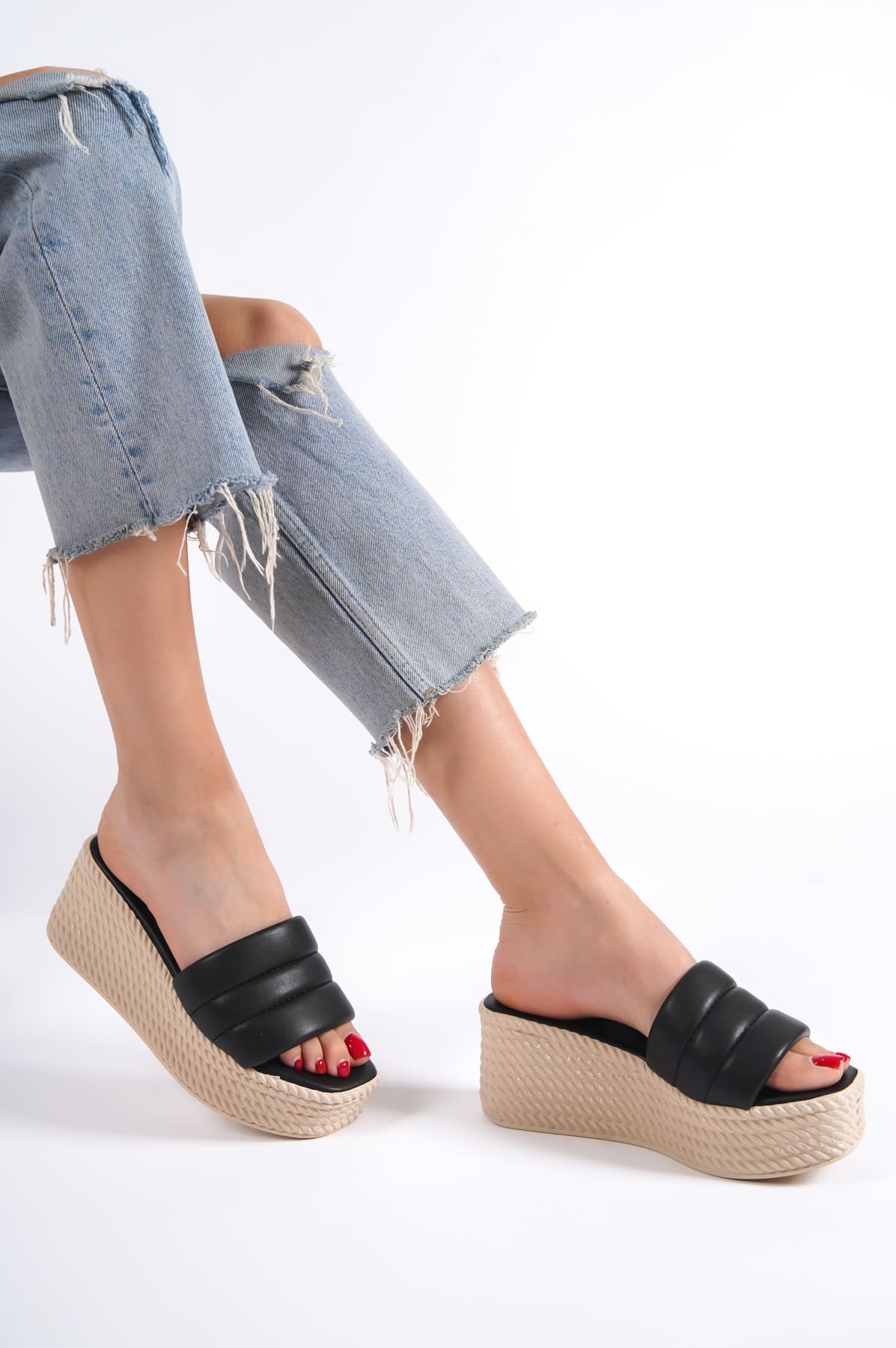 REINA Wedge Heeled Orthopedic Sole Wicker Look Women's Slippers - Black