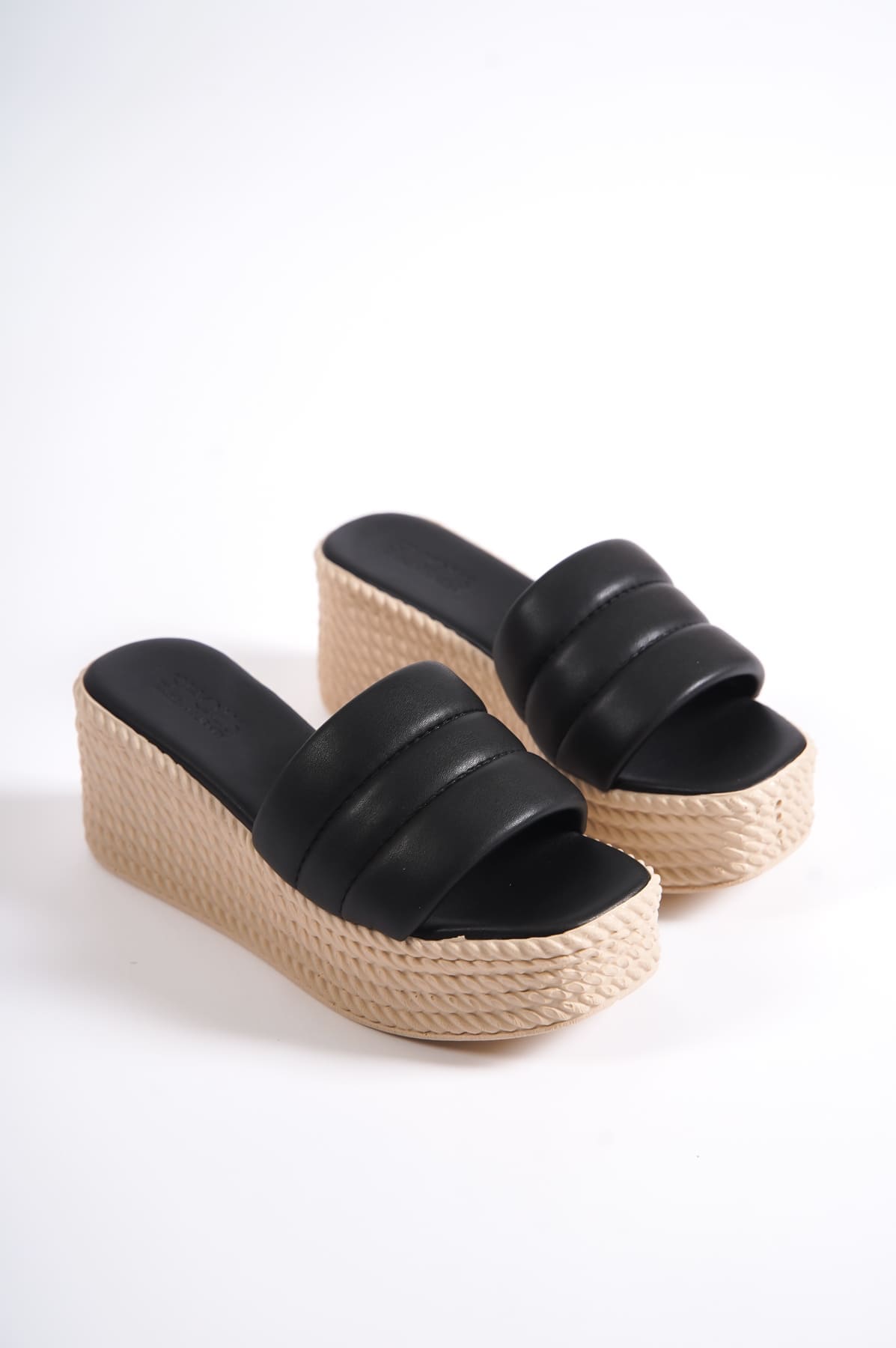 REINA Wedge Heeled Orthopedic Sole Wicker Look Women's Slippers - Black