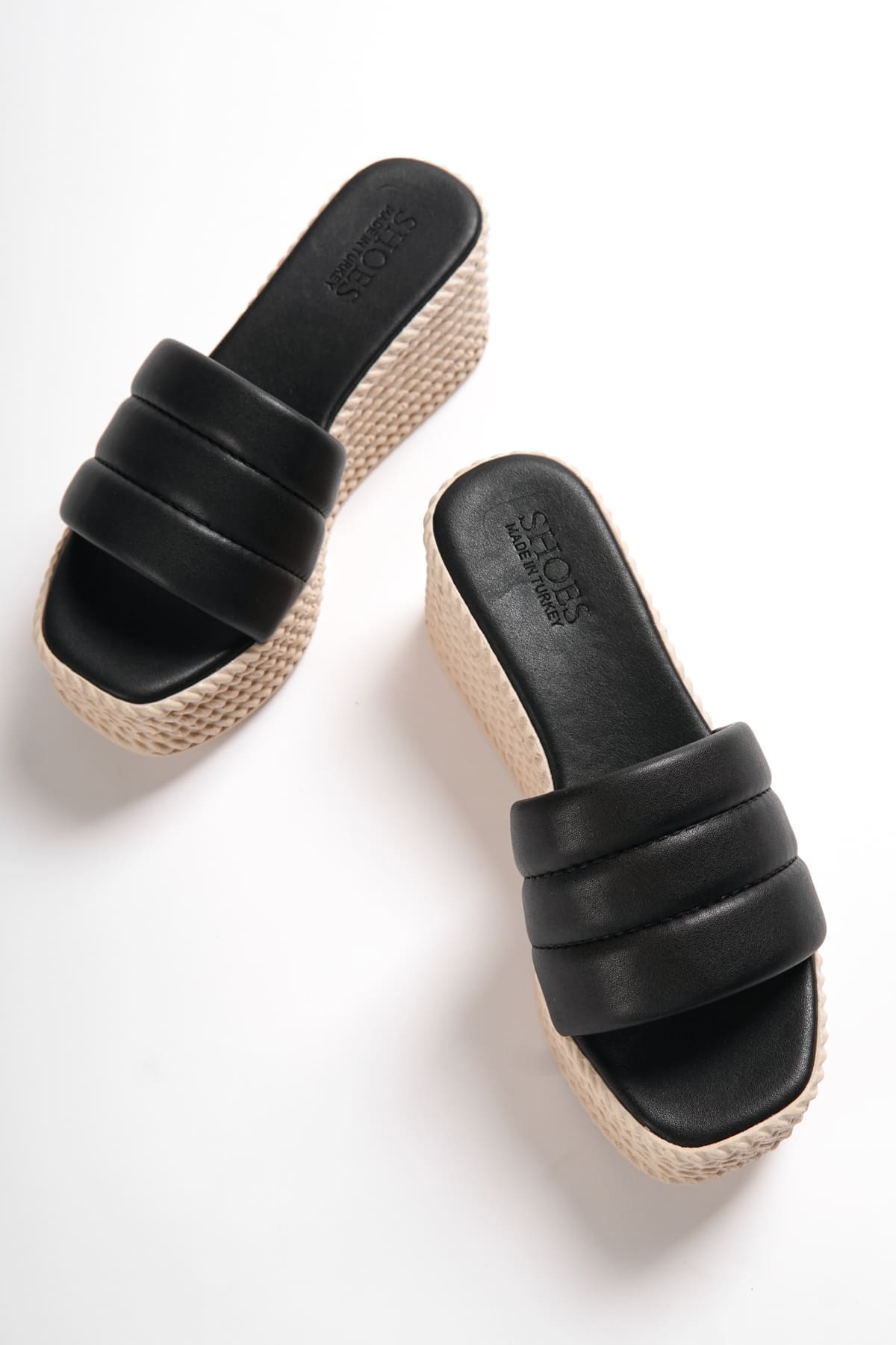 REINA Wedge Heeled Orthopedic Sole Wicker Look Women's Slippers - Black