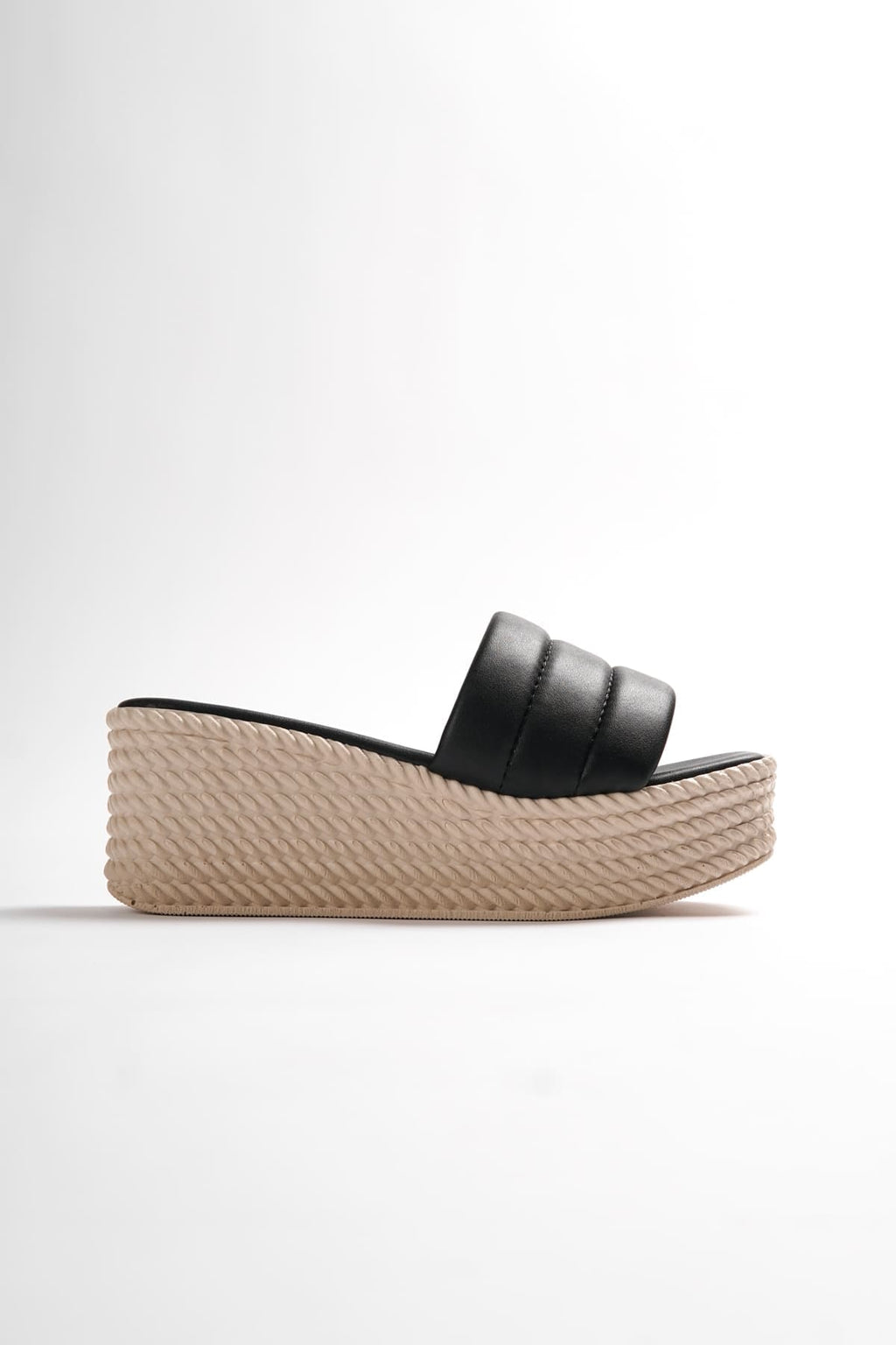 REINA Wedge Heeled Orthopedic Sole Wicker Look Women's Slippers - Black