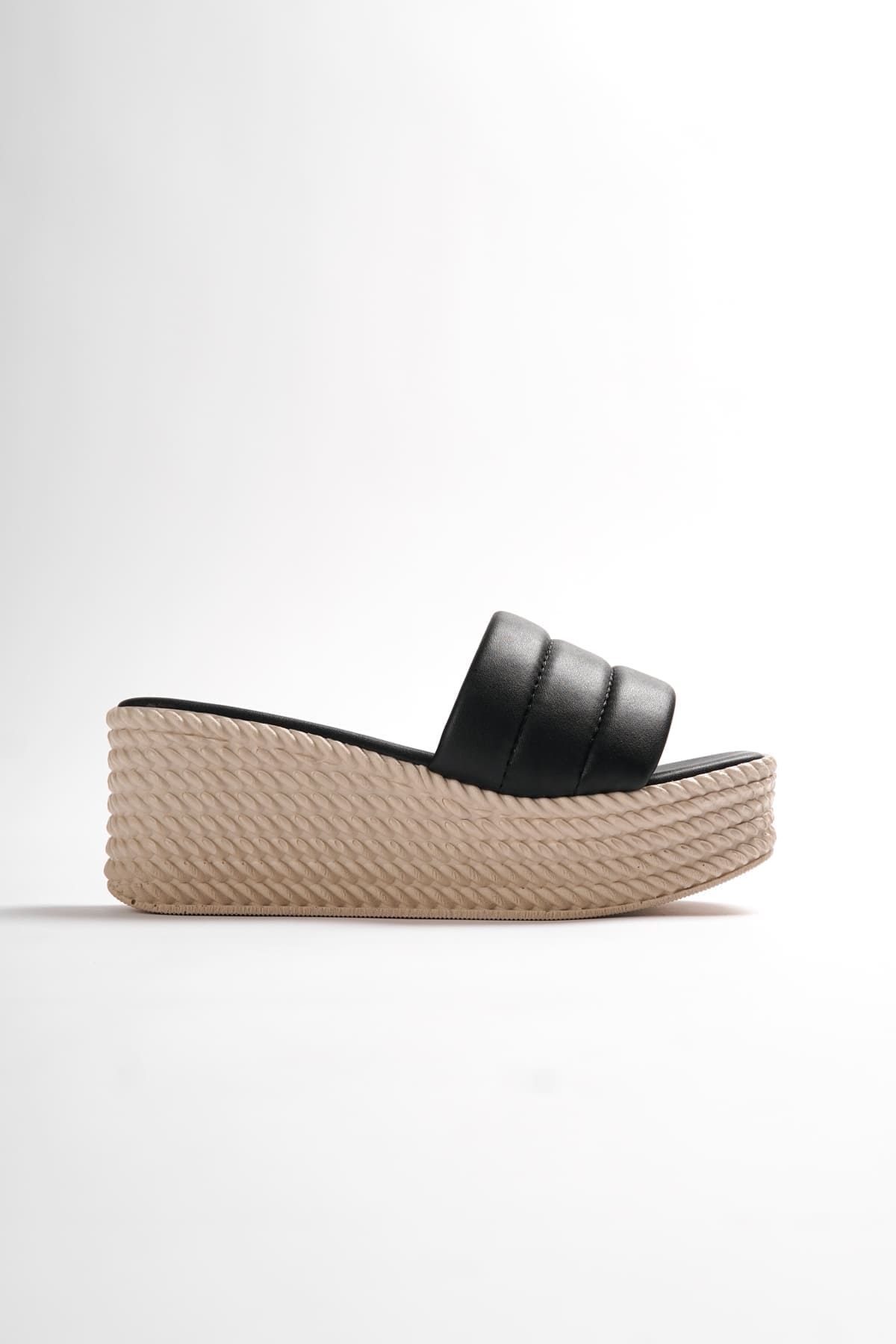 REINA Wedge Heeled Orthopedic Sole Wicker Look Women's Slippers - Black