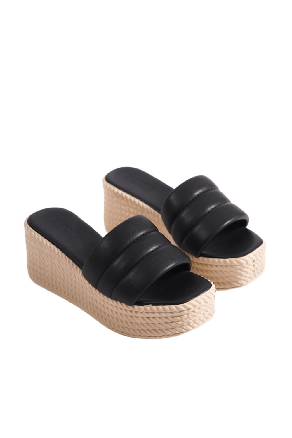 REINA Wedge Heeled Orthopedic Sole Wicker Look Women's Slippers - Black
