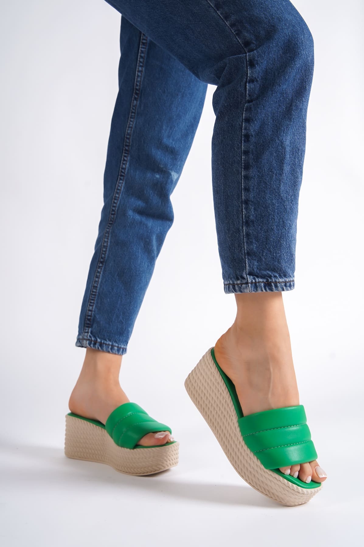 REINA Wedge Heel Orthopedic Sole Wicker Look Women's Slippers - Green