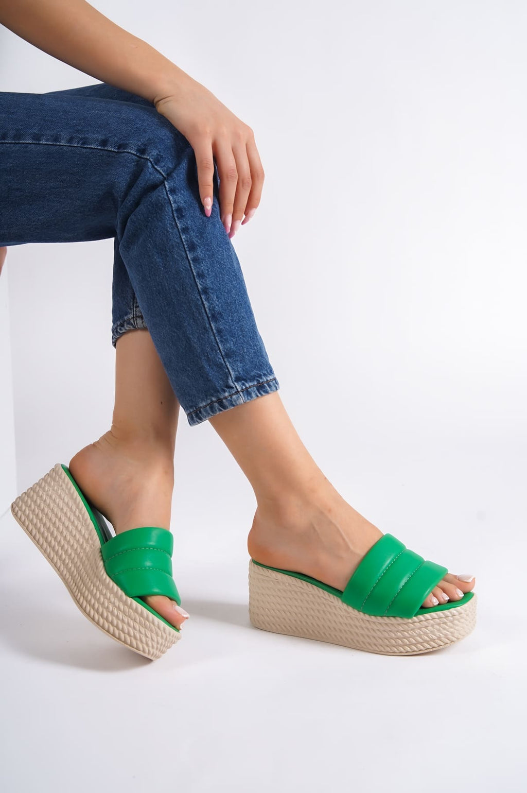 REINA Wedge Heel Orthopedic Sole Wicker Look Women's Slippers - Green