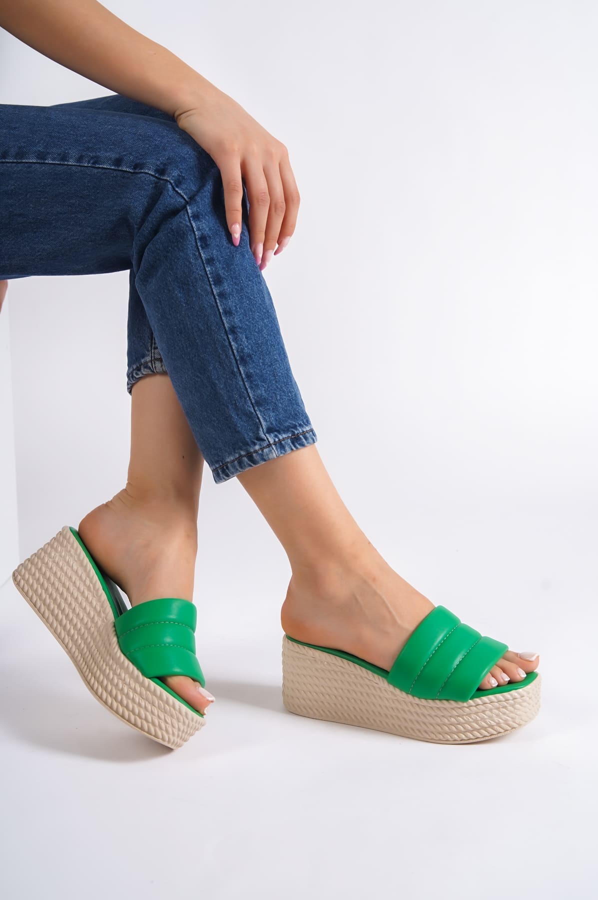 REINA Wedge Heel Orthopedic Sole Wicker Look Women's Slippers - Green