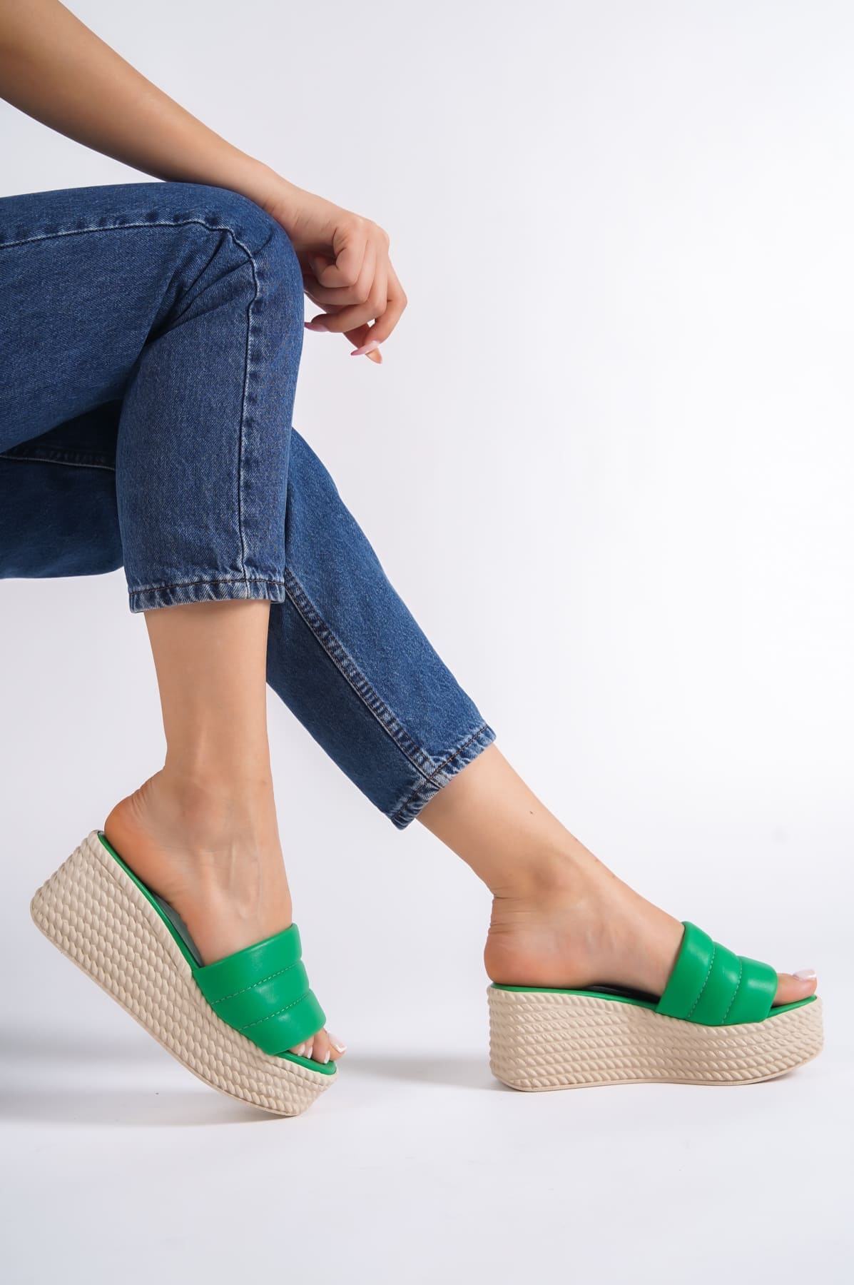 REINA Wedge Heel Orthopedic Sole Wicker Look Women's Slippers - Green