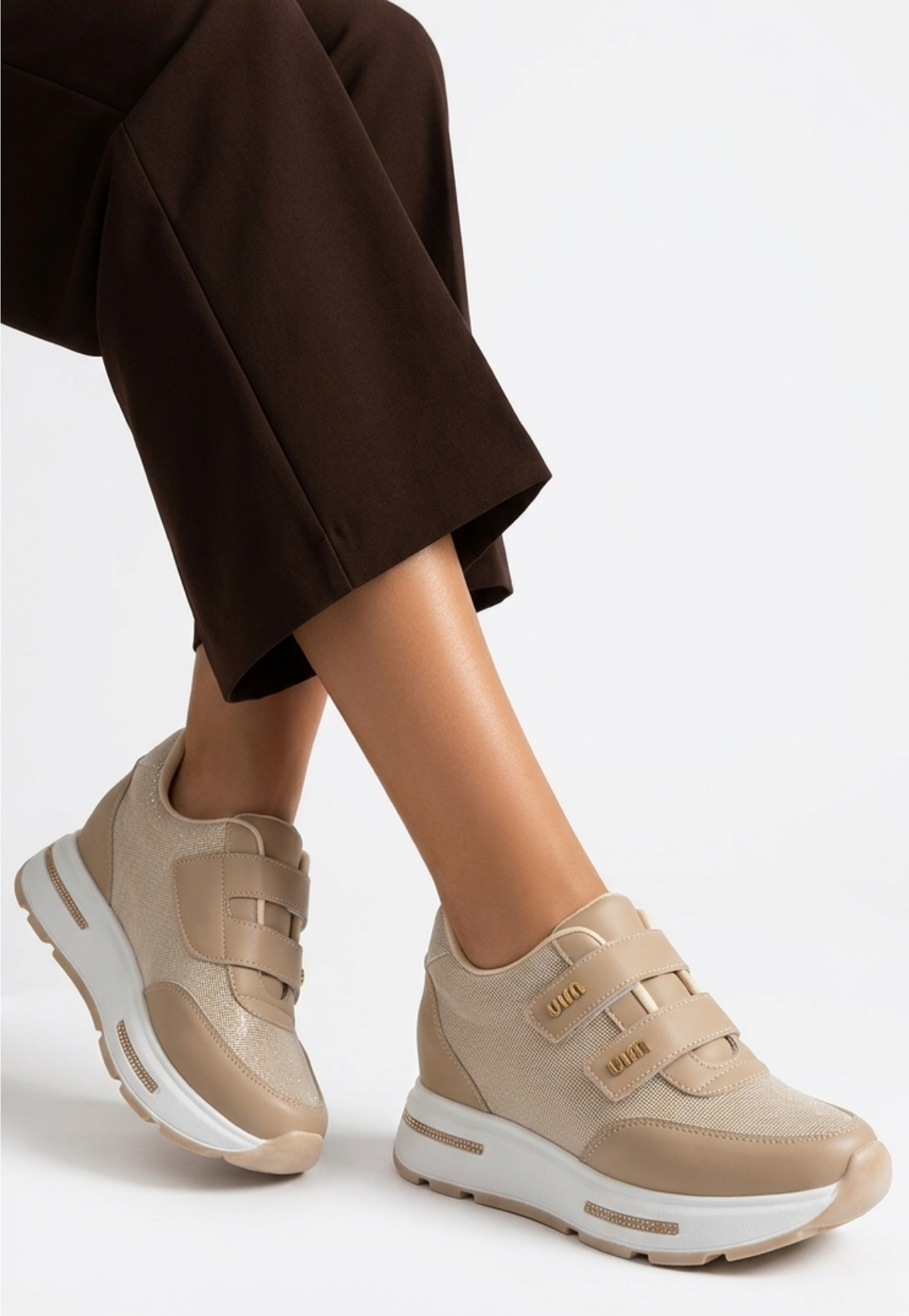 Rete Premium 7cm Gizli Topuk Bej Cırtlı Simli Kadın Sneaker