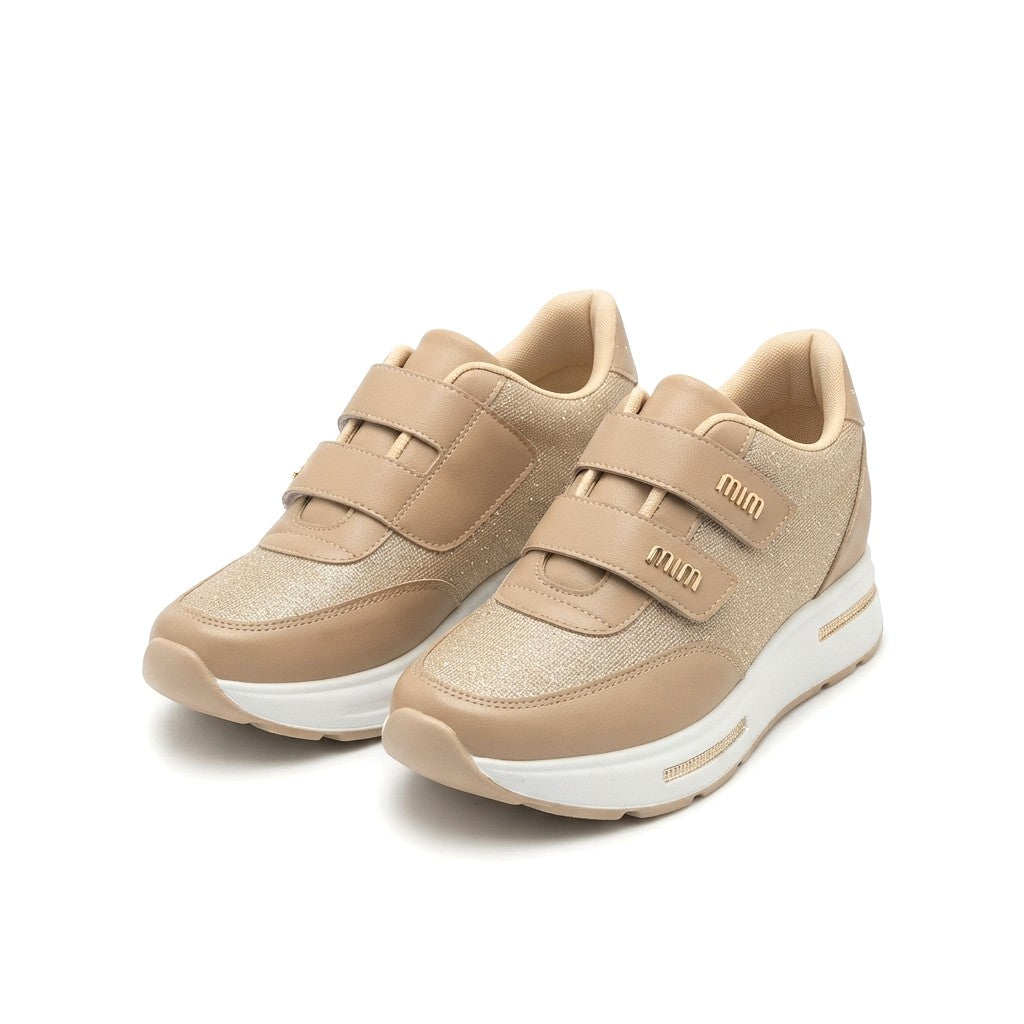 Rete Premium 7cm Gizli Topuk Bej Cırtlı Simli Kadın Sneaker
