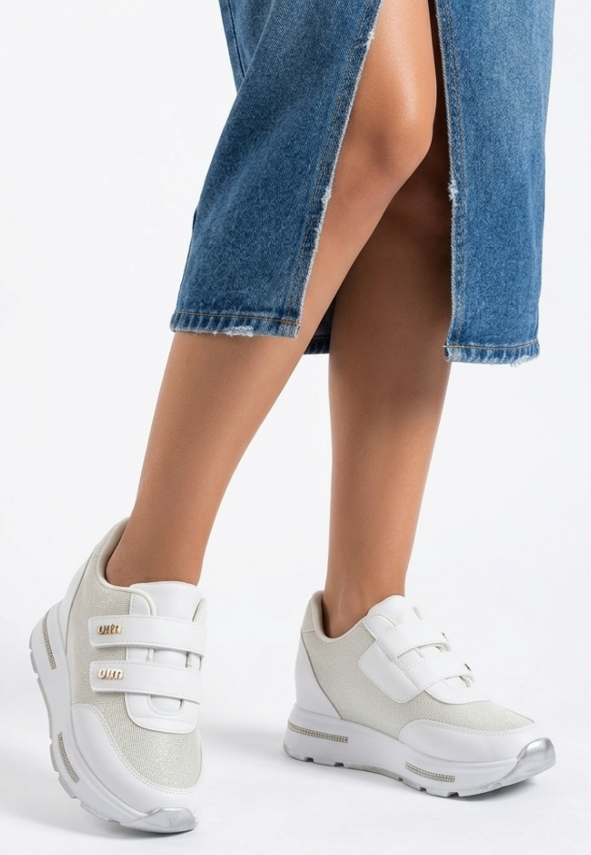 Rete Premium 7cm Gizli Topuk Beyaz Cırtlı Simli Kadın Sneaker