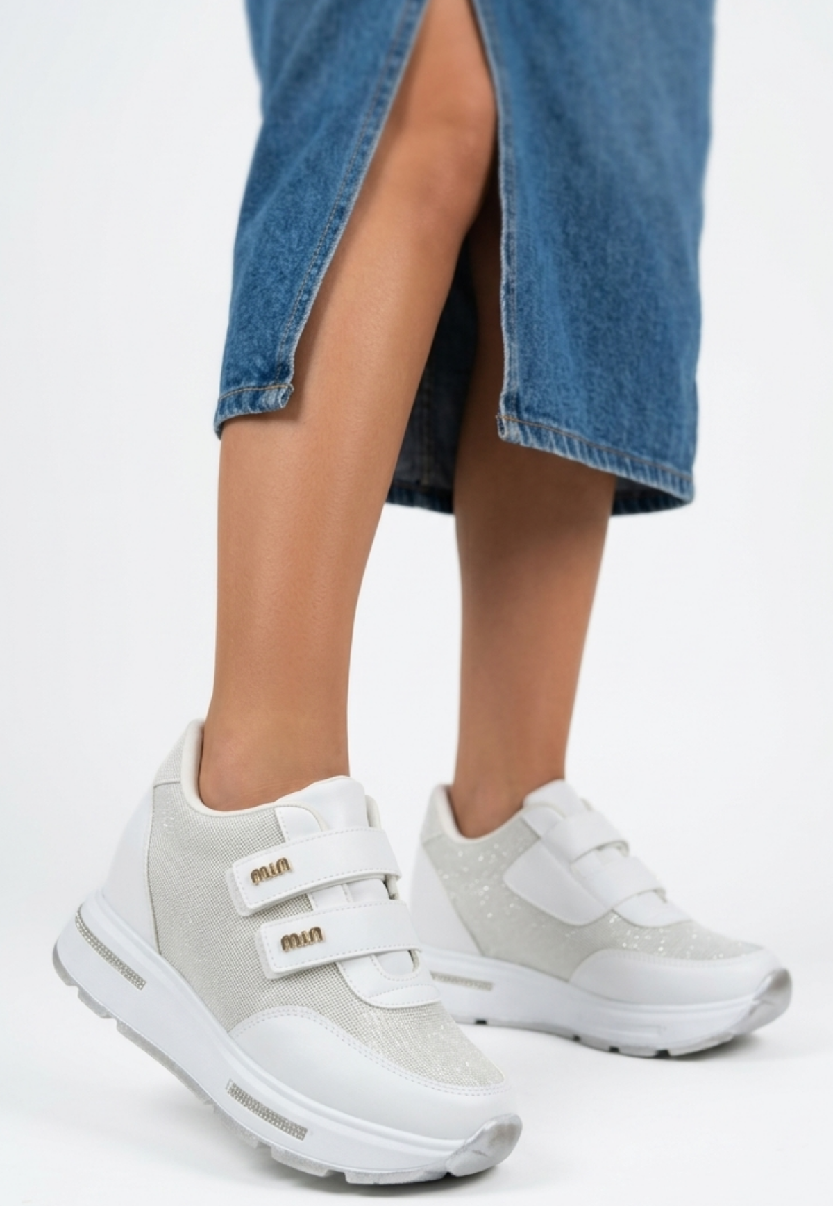 Rete Premium 7cm Gizli Topuk Beyaz Cırtlı Simli Kadın Sneaker