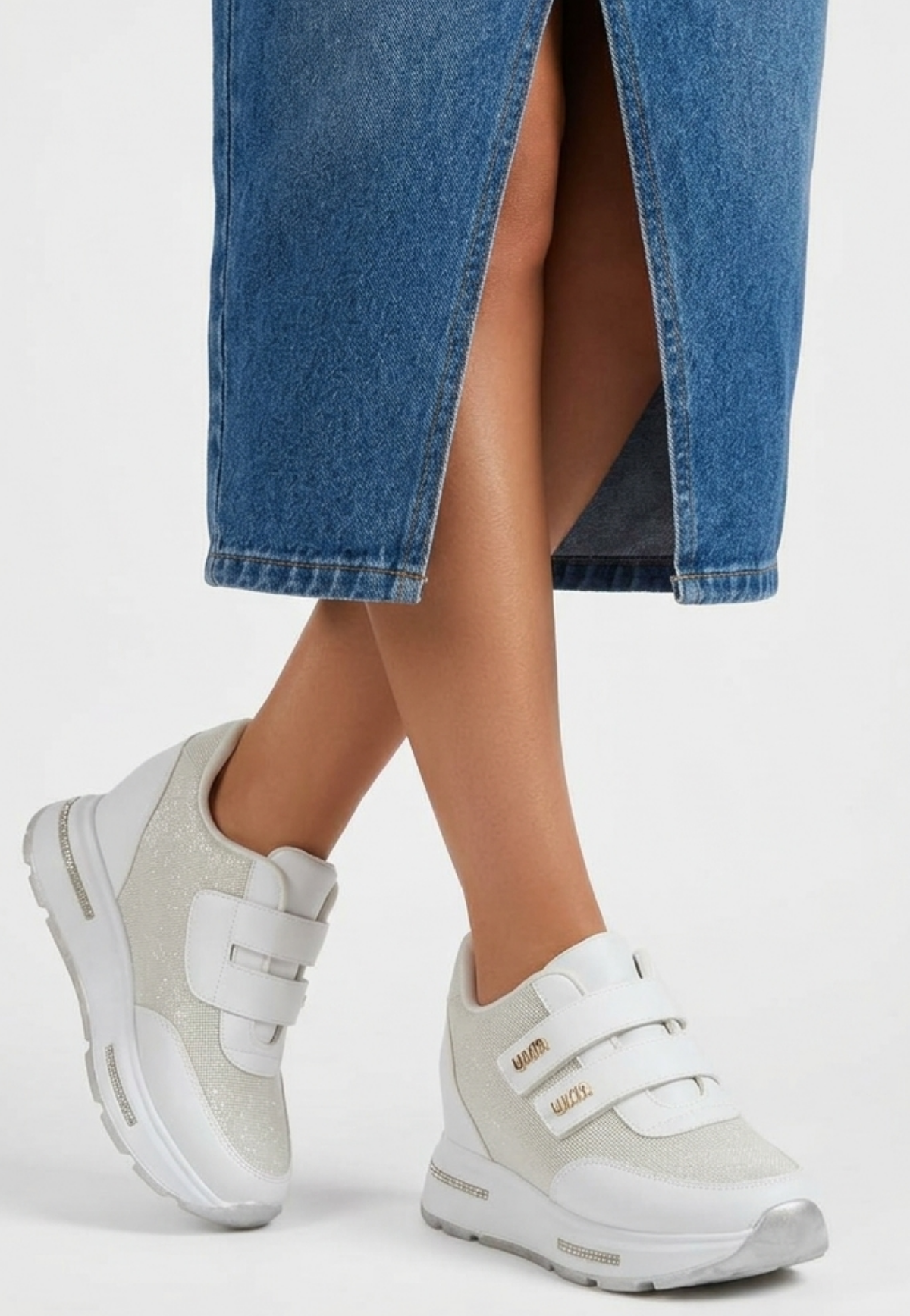 Rete Premium 7cm Gizli Topuk Beyaz Cırtlı Simli Kadın Sneaker