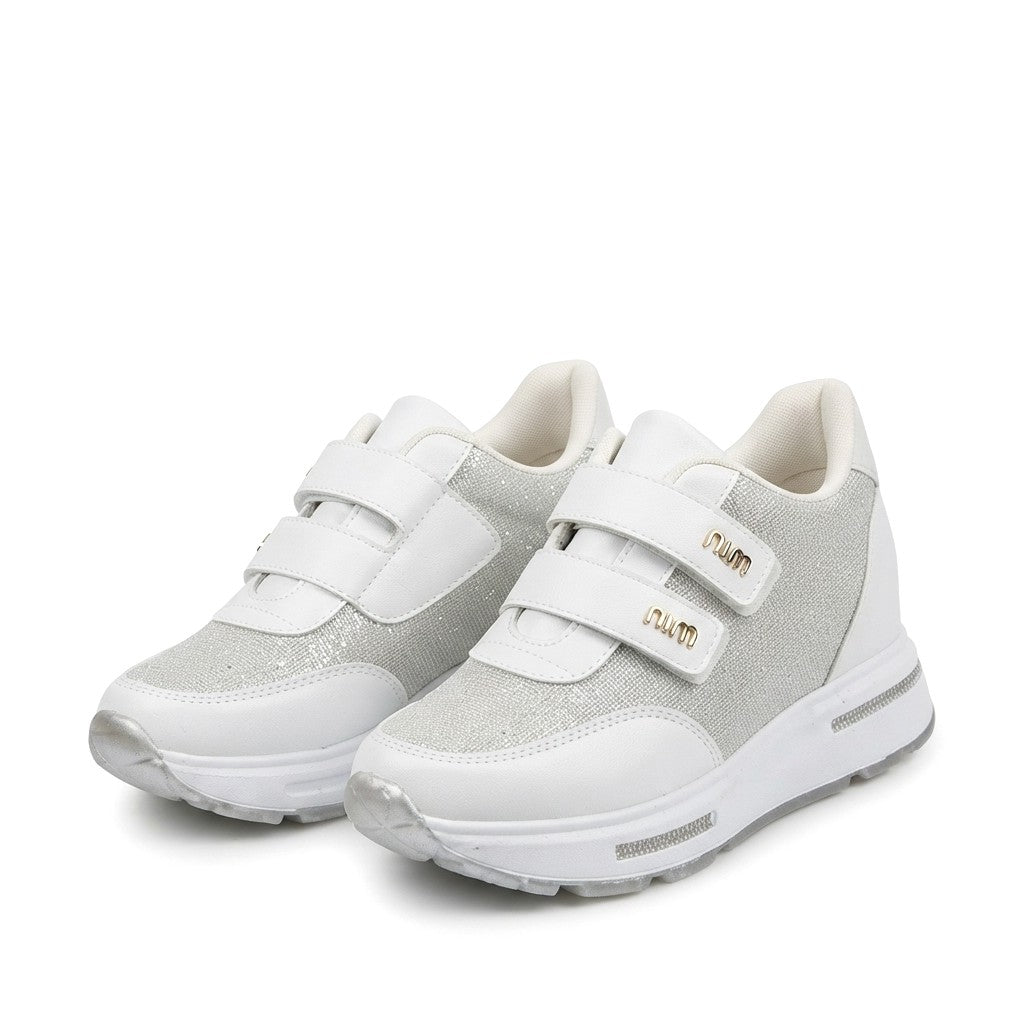 Rete Premium 7cm Gizli Topuk Beyaz Cırtlı Simli Kadın Sneaker