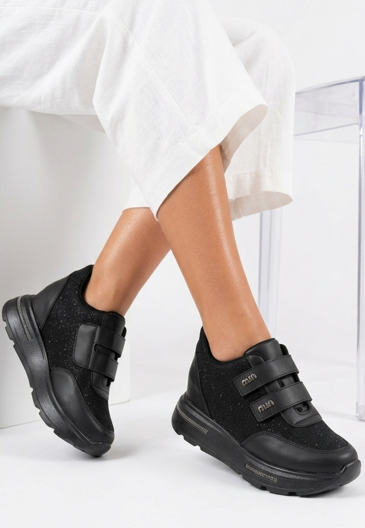 Rete Premium 7cm Gizli Topuk Siyah Cırtlı Simli Kadın Sneaker