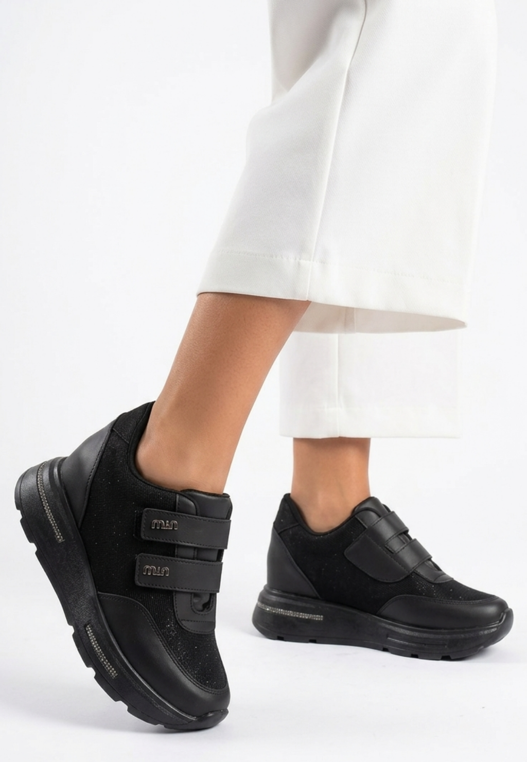 Rete Premium 7cm Gizli Topuk Siyah Cırtlı Simli Kadın Sneaker