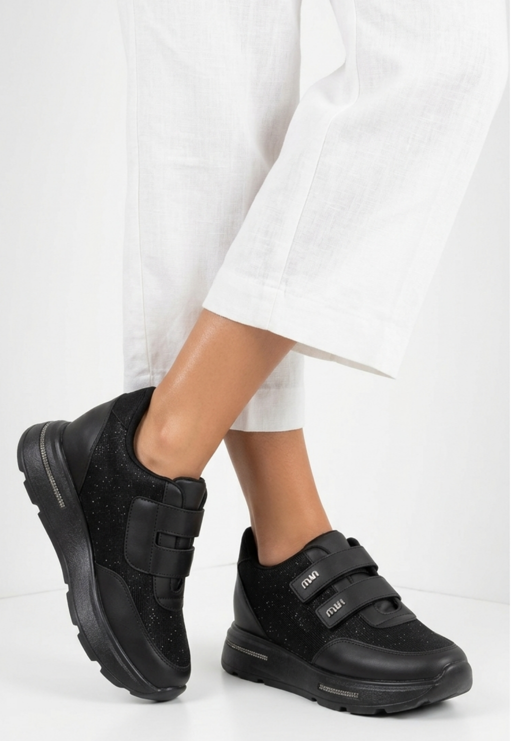 Rete Premium 7cm Gizli Topuk Siyah Cırtlı Simli Kadın Sneaker
