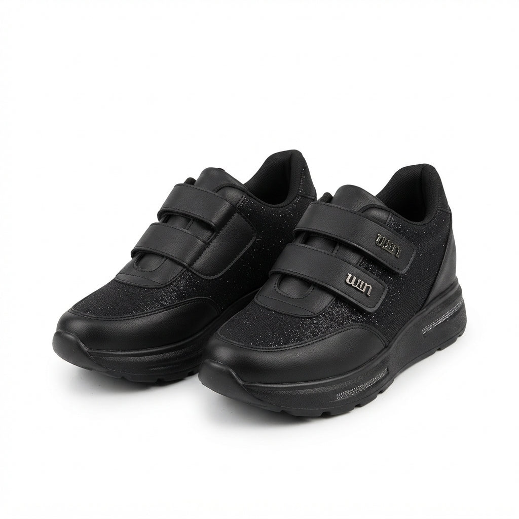 Rete Premium 7cm Gizli Topuk Siyah Cırtlı Simli Kadın Sneaker