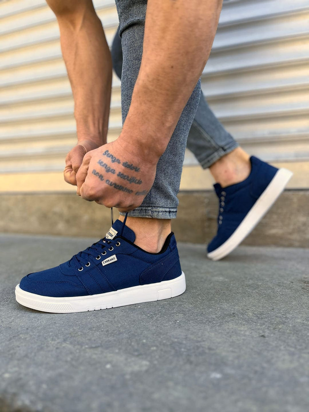 REX Lace-Up Linen Fabric Men's Casual Sneakers - Navy Blue