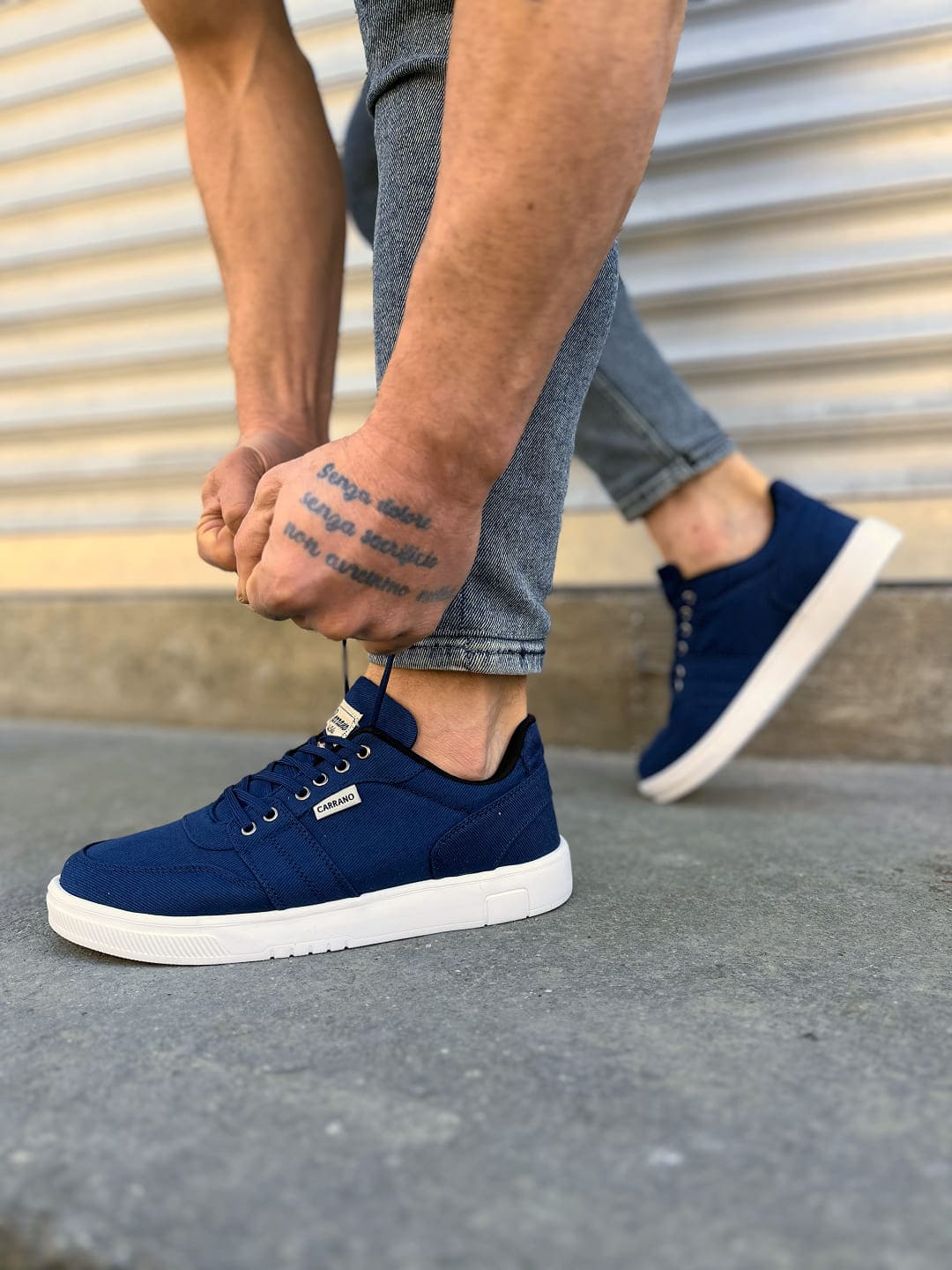 REX Lace-Up Linen Fabric Men's Casual Sneakers - Navy Blue