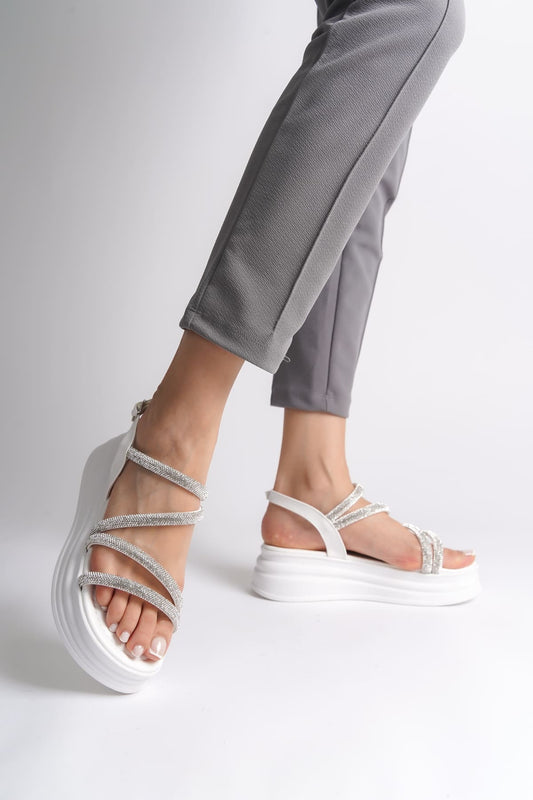 RILEY Thin Buckled Stoned Striped Orthopedic Sole Women's Sandals - BT White