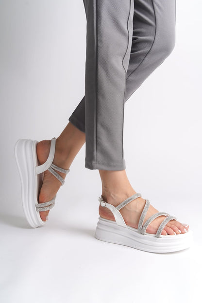 RILEY Thin Buckled Stoned Striped Orthopedic Sole Women's Sandals - BT White