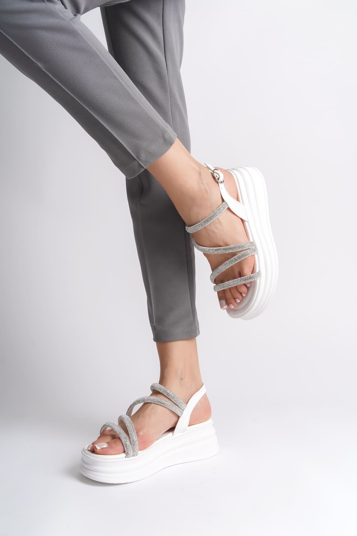 RILEY Thin Buckled Stoned Striped Orthopedic Sole Women's Sandals - BT White