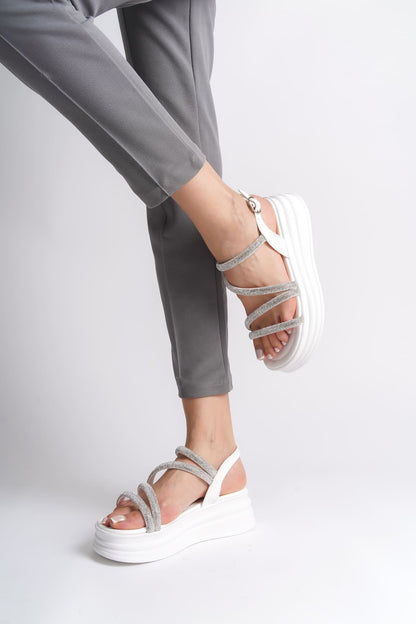 RILEY Thin Buckled Stoned Striped Orthopedic Sole Women's Sandals - BT White