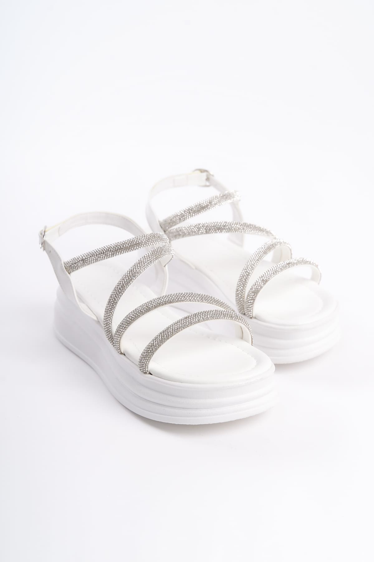 RILEY Thin Buckled Stoned Striped Orthopedic Sole Women's Sandals - BT White