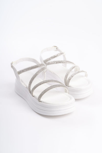 RILEY Thin Buckled Stoned Striped Orthopedic Sole Women's Sandals - BT White
