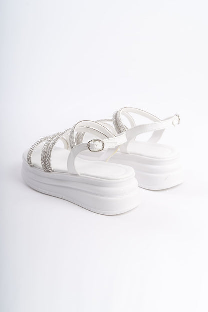 RILEY Thin Buckled Stoned Striped Orthopedic Sole Women's Sandals - BT White