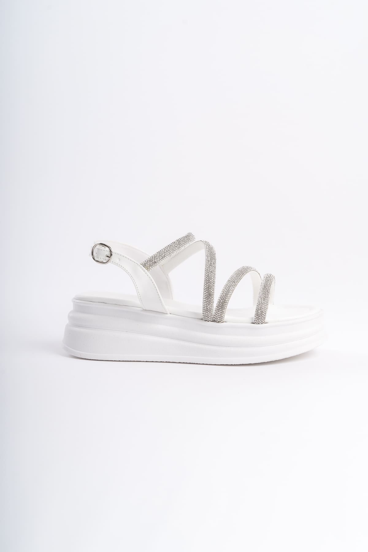 RILEY Thin Buckled Stoned Striped Orthopedic Sole Women's Sandals - BT White