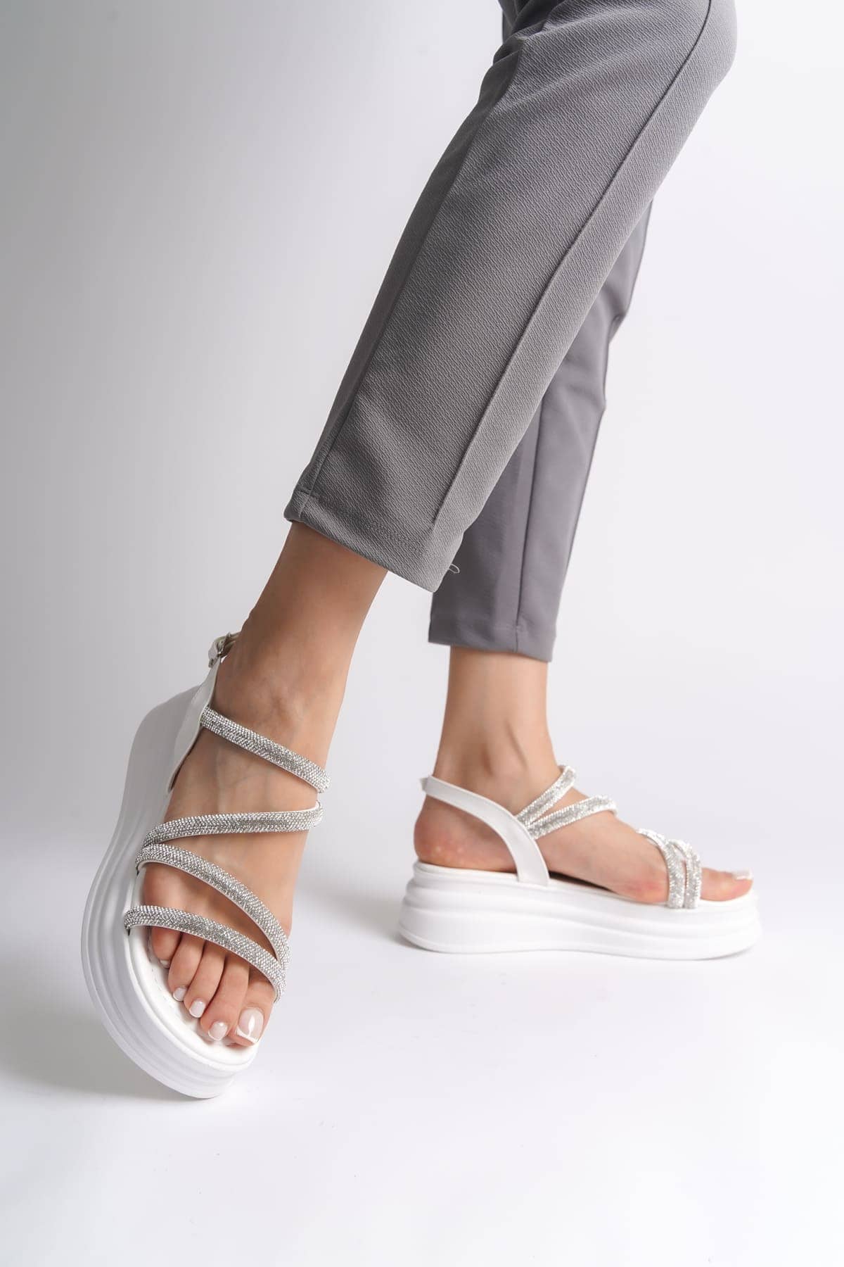RILEY Thin Buckled Stoned Striped Orthopedic Sole Women's Sandals - BT White