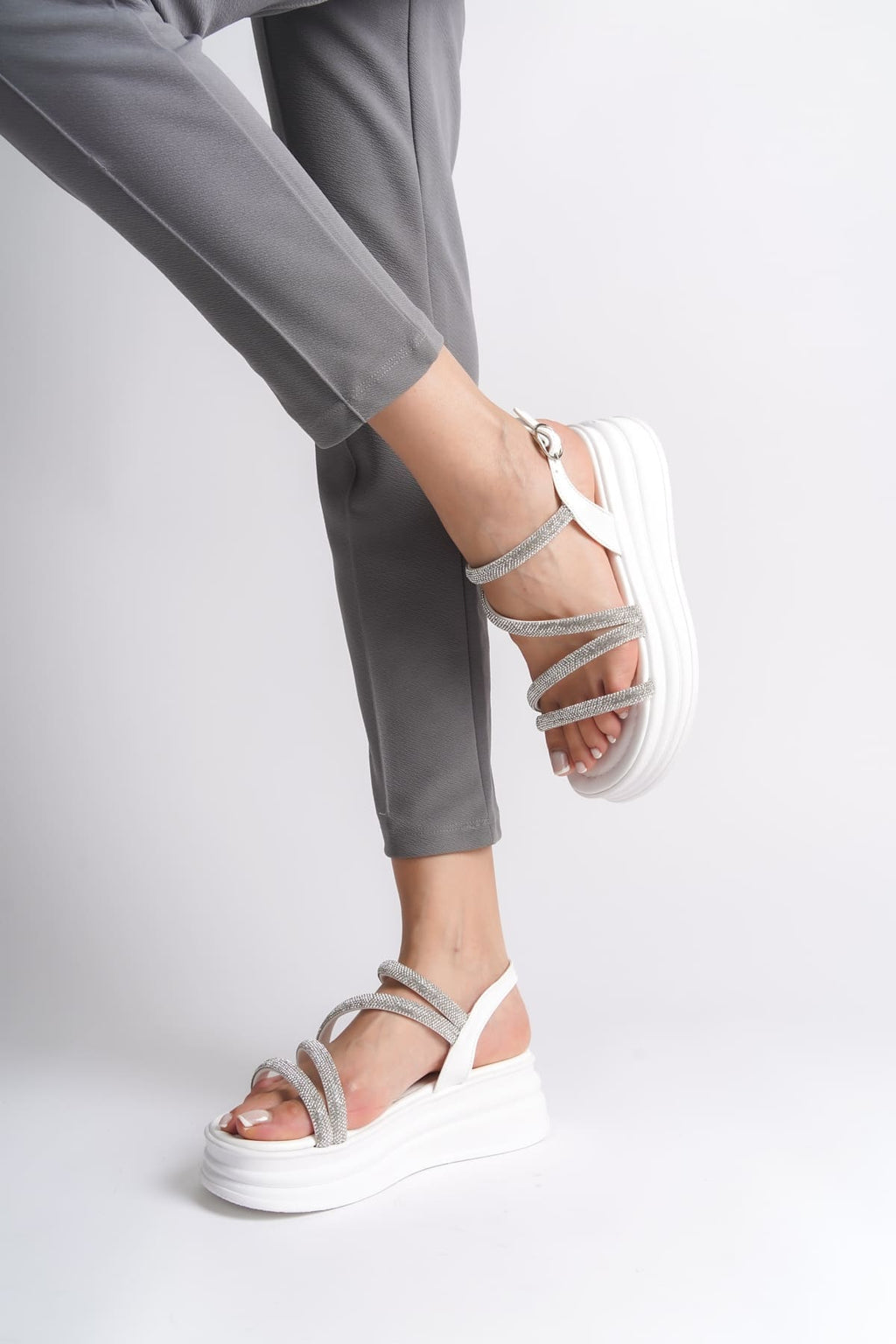 RILEY Thin Buckled Stoned Striped Orthopedic Sole Women's Sandals - BT White