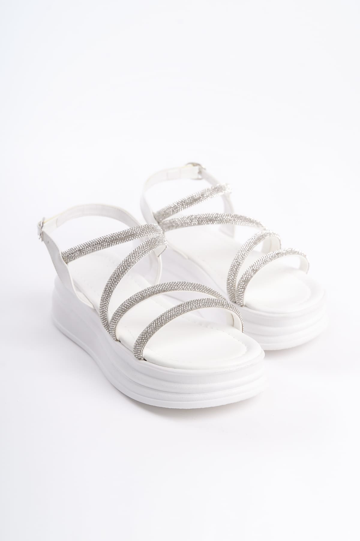 RILEY Thin Buckled Stoned Striped Orthopedic Sole Women's Sandals - BT White