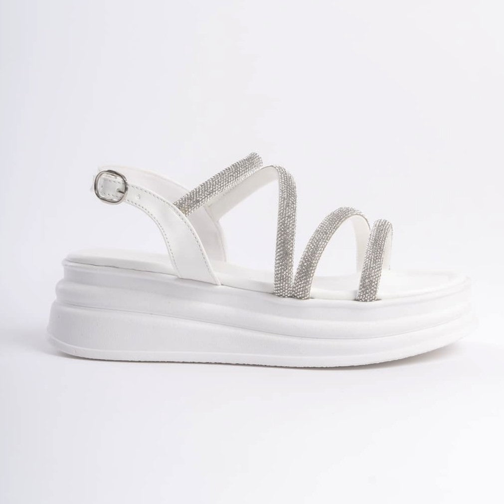 RILEY Thin Buckled Stoned Striped Orthopedic Sole Women's Sandals - BT White