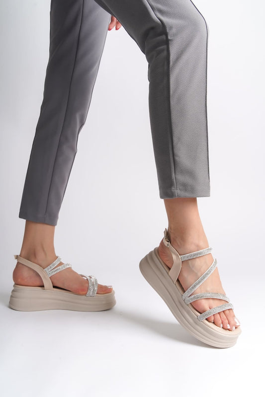 RILEY Thin Buckled Stoned Striped Orthopedic Sole Women's Sandals - KT Cream