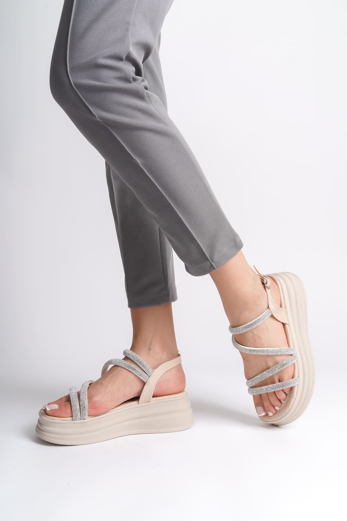 RILEY Thin Buckled Stoned Striped Orthopedic Sole Women's Sandals - KT Cream
