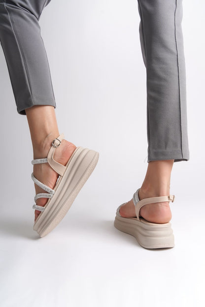 RILEY Thin Buckled Stoned Striped Orthopedic Sole Women's Sandals - KT Cream